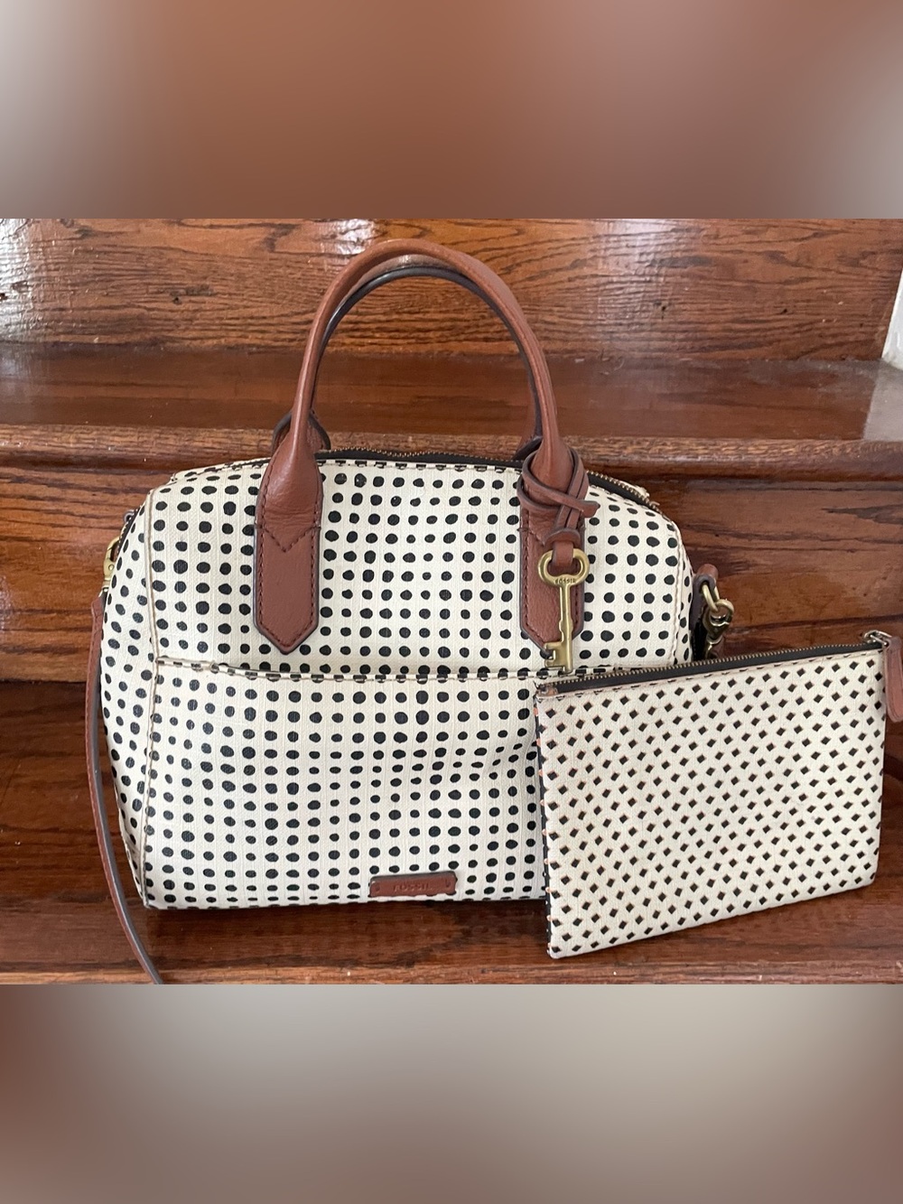 Fossil Rachel Polka Dot Satchel Crossbody Bag & Wallet Set Brass Key Charm